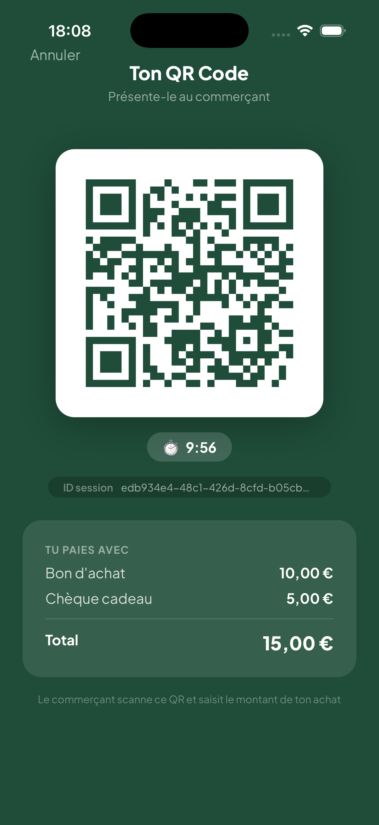 Écran LOKAL — QR à présenter avec le montant des avantages