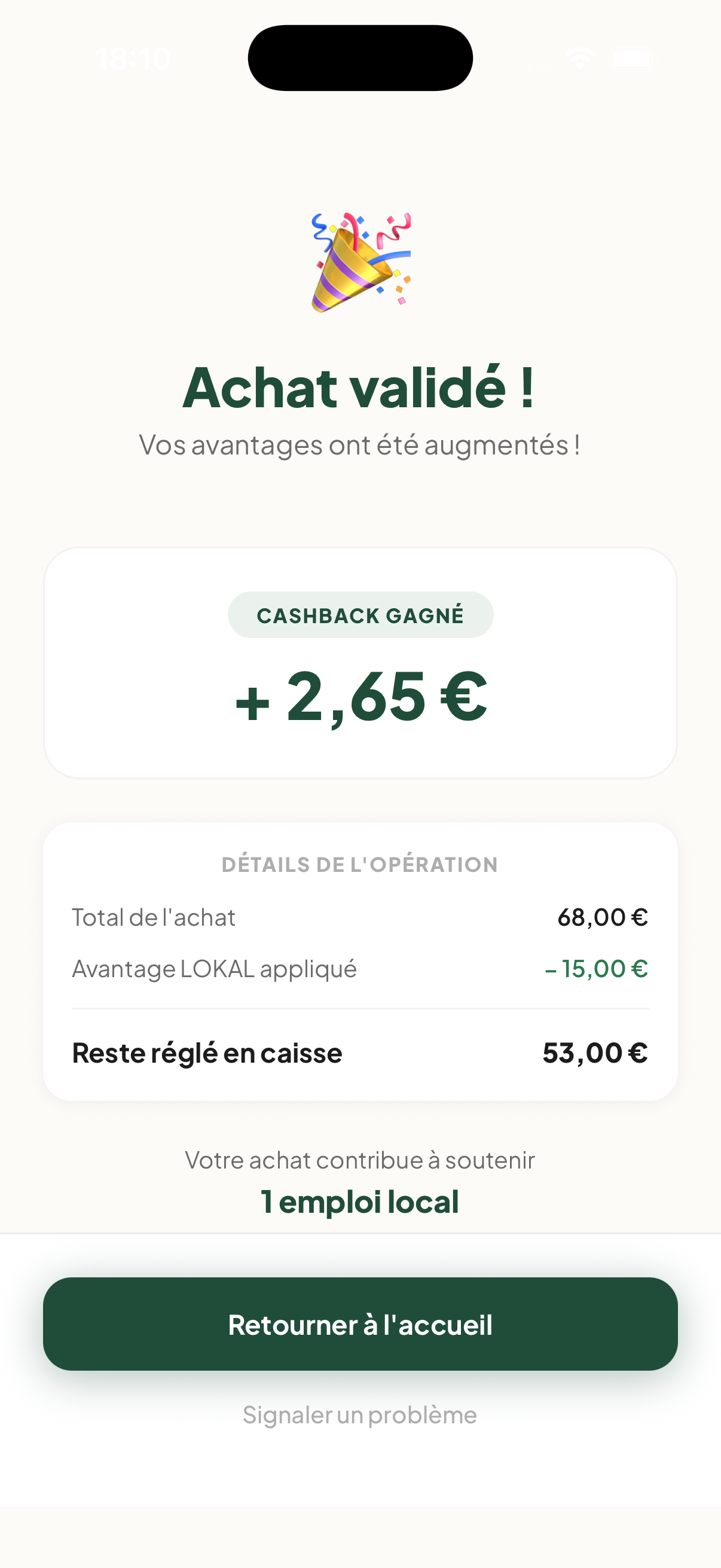 Écran LOKAL — achat validé, avantage appliqué